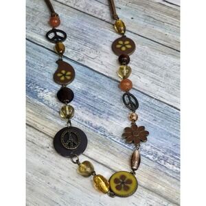 Cookie Lee Fashion Boho Necklace Glass Beads Peace Sign Flower Medals